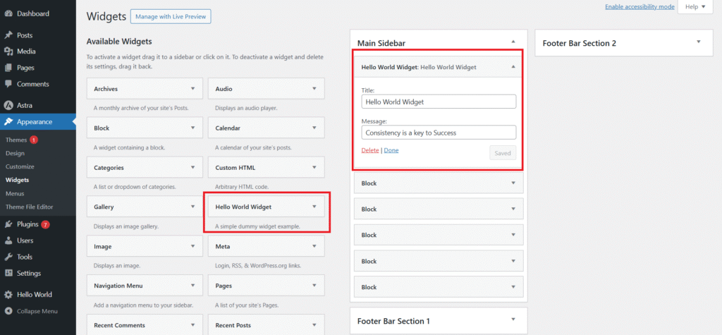 Hello World Widget Backend in WordPress Admin Dashboard