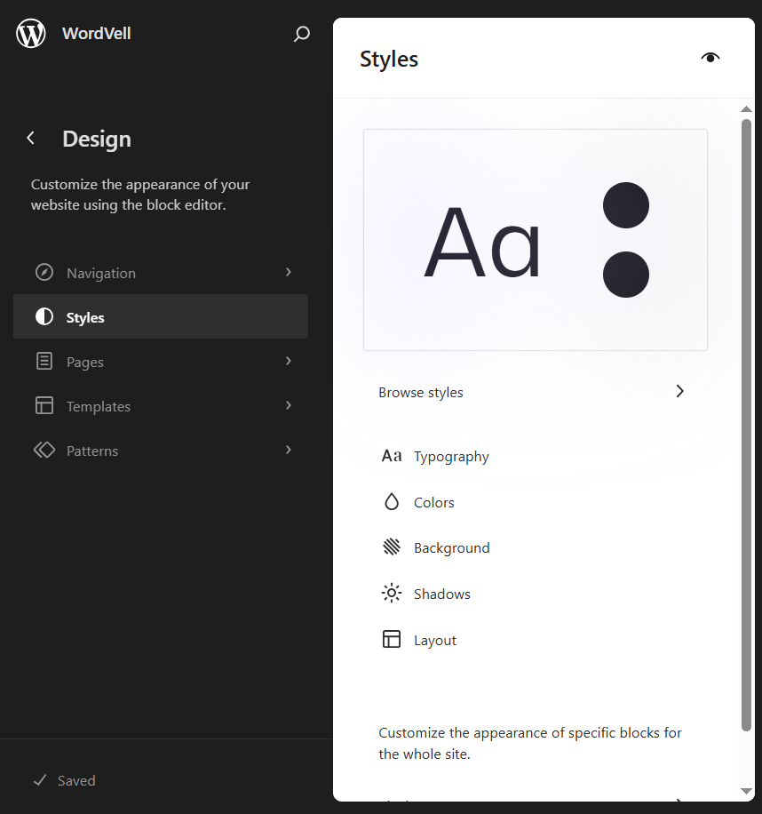 Ollie WP Global Styles Feature