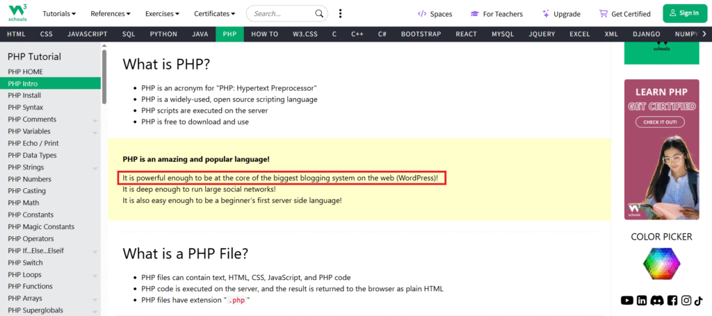 PHP Importance by W3Schools