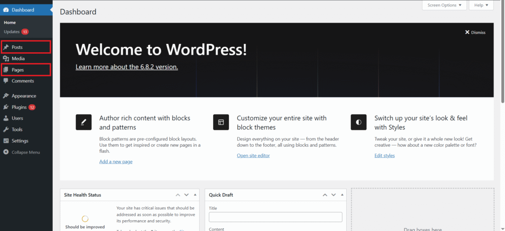 WordPress Dashboard with Default Custom Post types