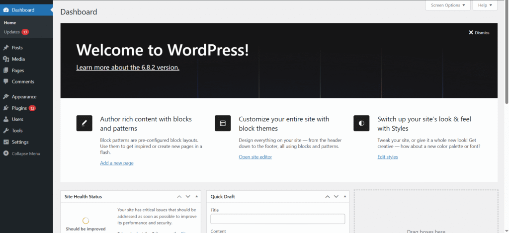 WordPress Dashboard with Default Features