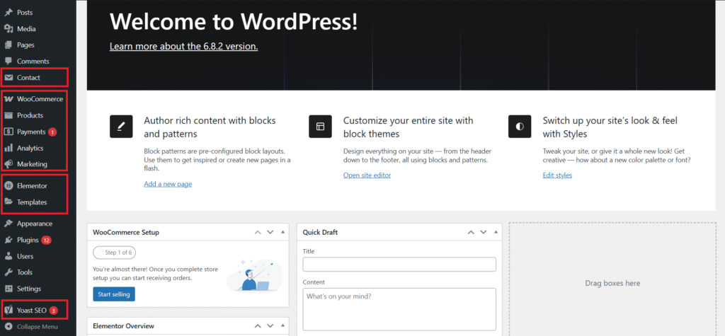 WordPress Dashboard with Various Features