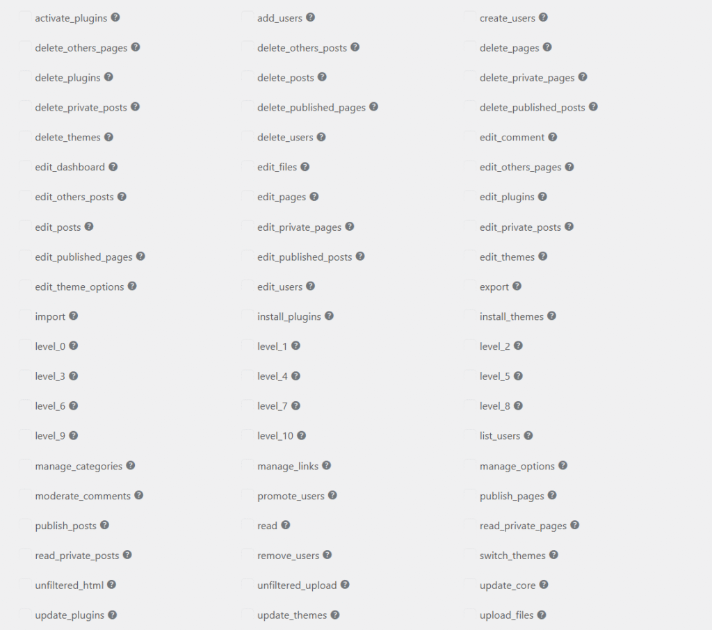 WordPress Default Capabilities