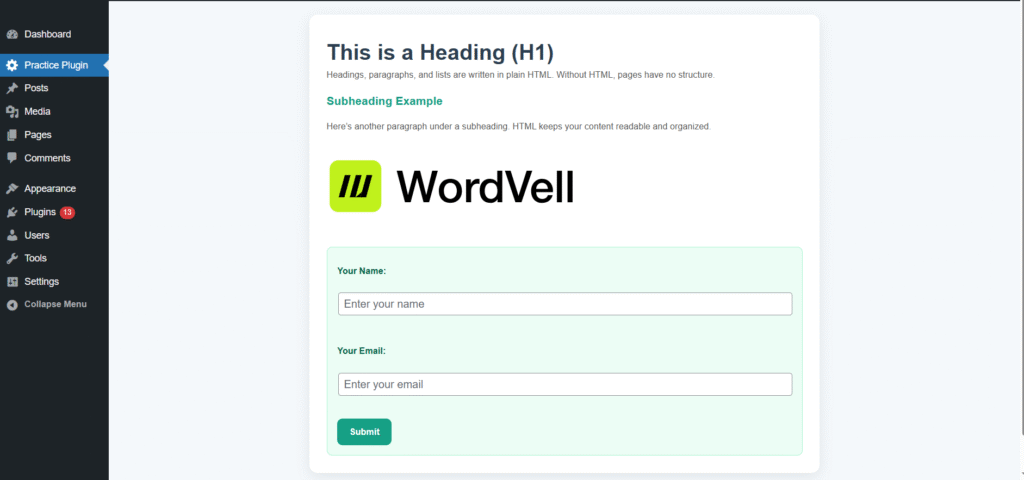 WordPress Admin Page Designed with CSS