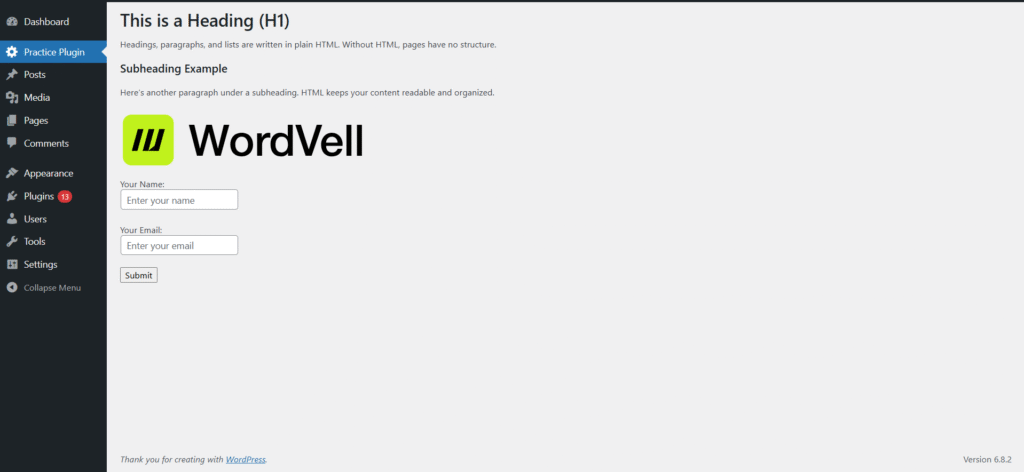 WordPress Admin Page with HTML only