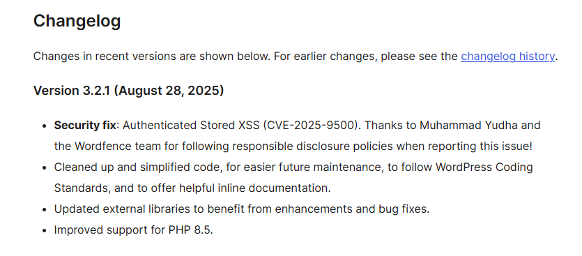 a screenshot of update log of TablePress plugin from WordPress.org