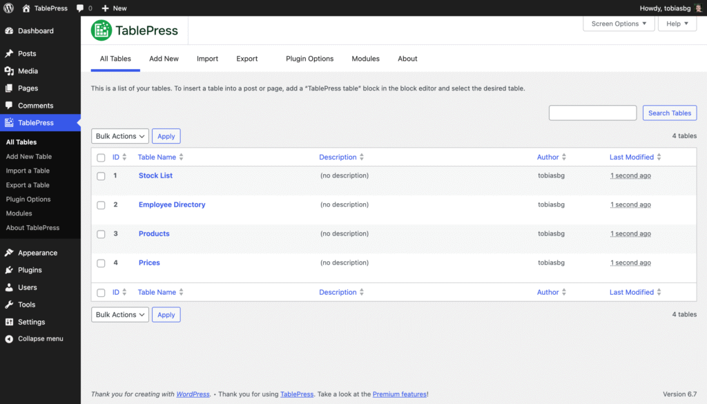 A screenshot of TablePress Plugin