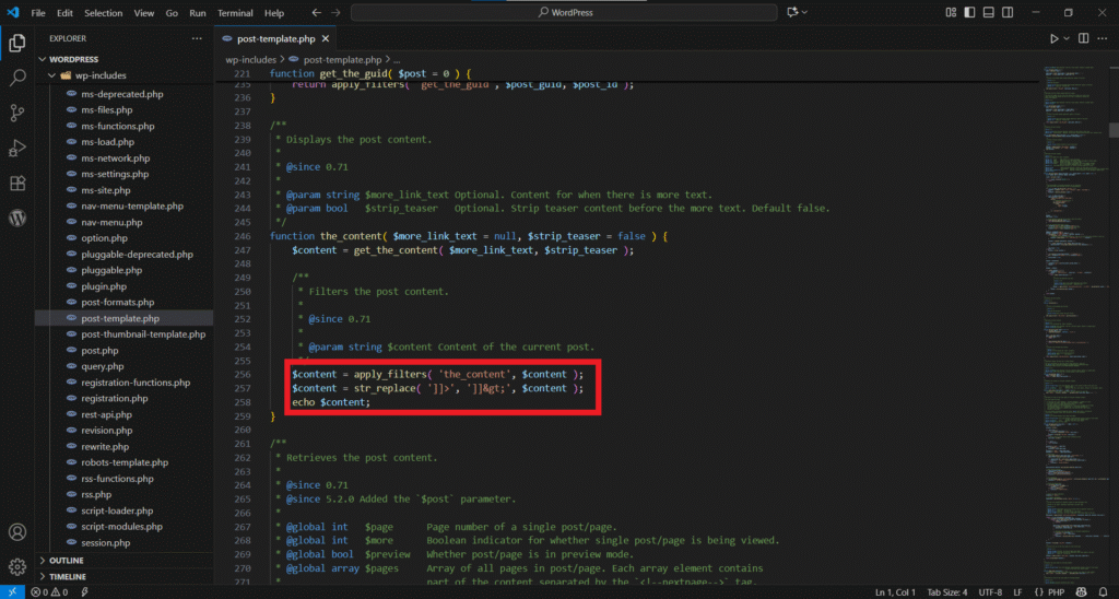 Hook Example in WordPress Core which allow to modify the Post Content