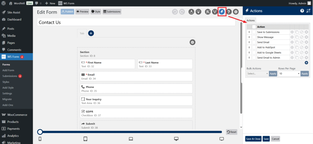 WS Form Actions Example