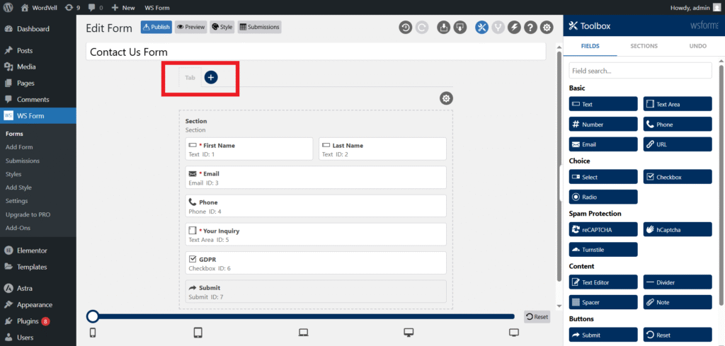 WS Form Add Multiple Tabs