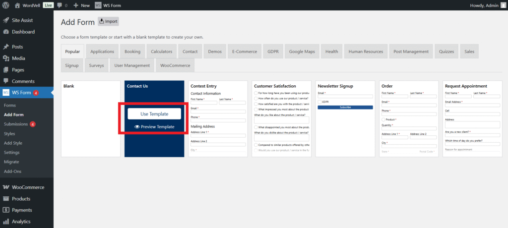WS Form Creating a Form Using Template