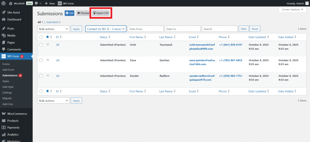 WS Form Export Submission