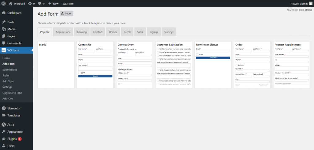 WS Form Free Built-in Templates