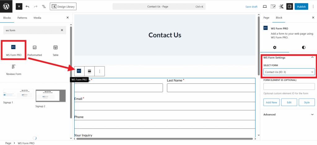 WS Form Gutenberg Block Embedding