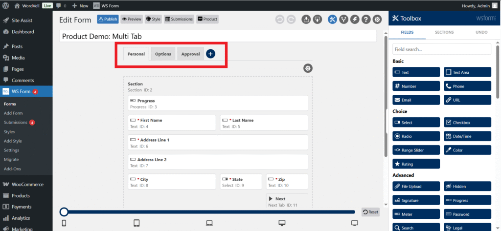 WS Form Multi-tab form