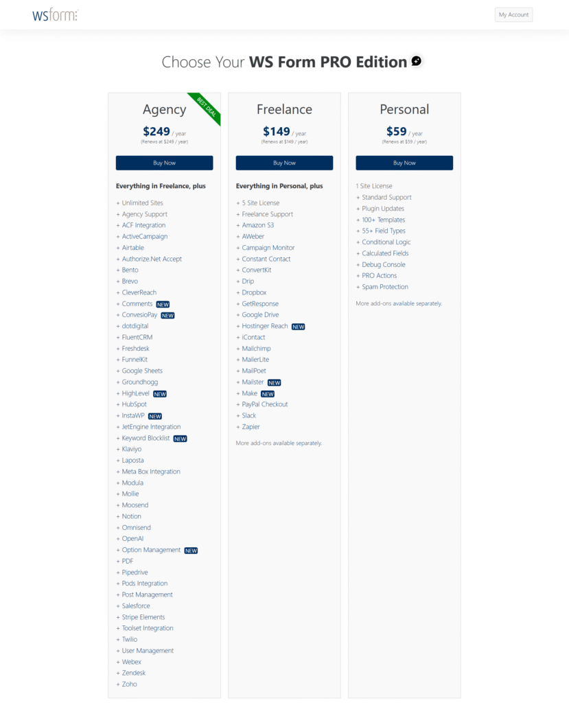 WS Form Pricing Table