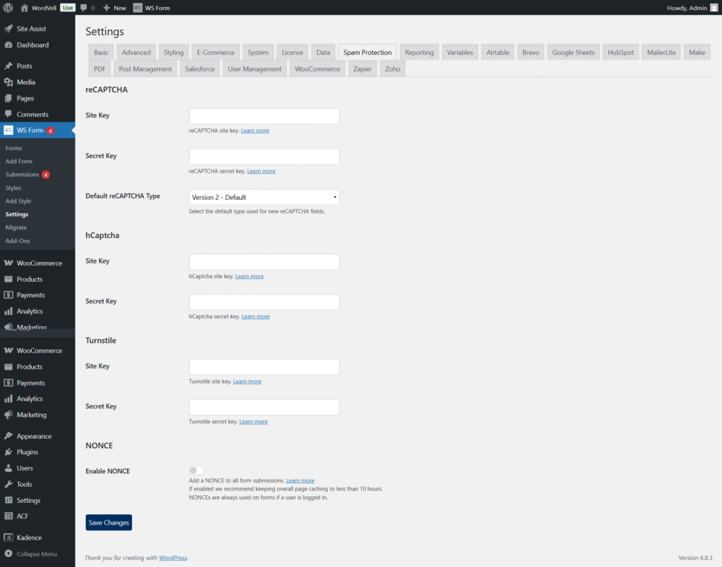 WS Form Spam Protection Settings