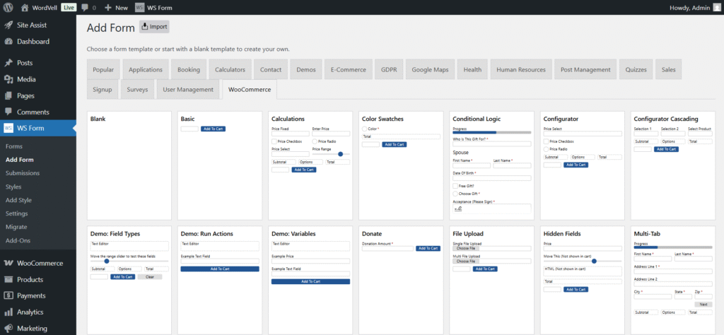 WS Form Templates of WooCommerce Add-On