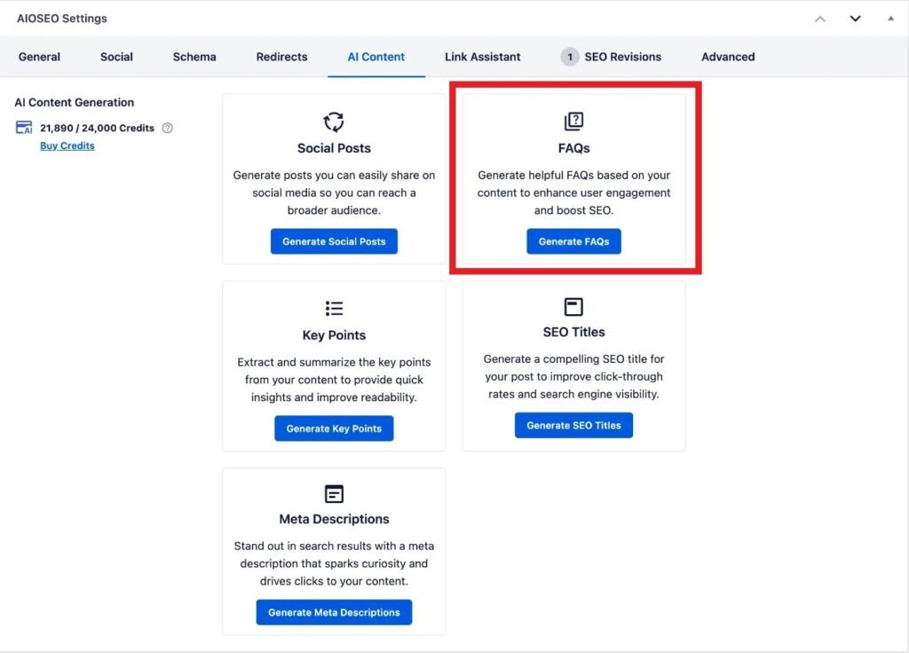 AIOSEO AI FAQs Generator