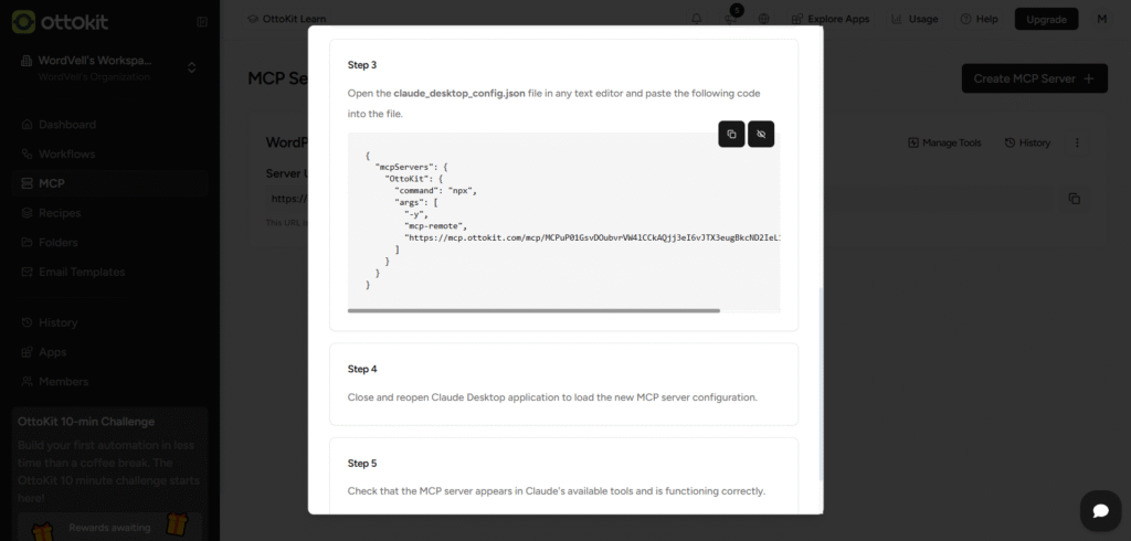 OttoKit MCP Server Configuration Code for Claude AI