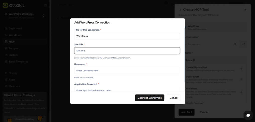 OttoKit WordPress Website Connection Window