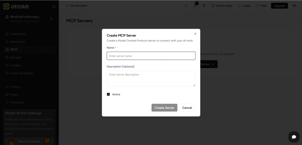 OttoKit Window to Create MCP Server