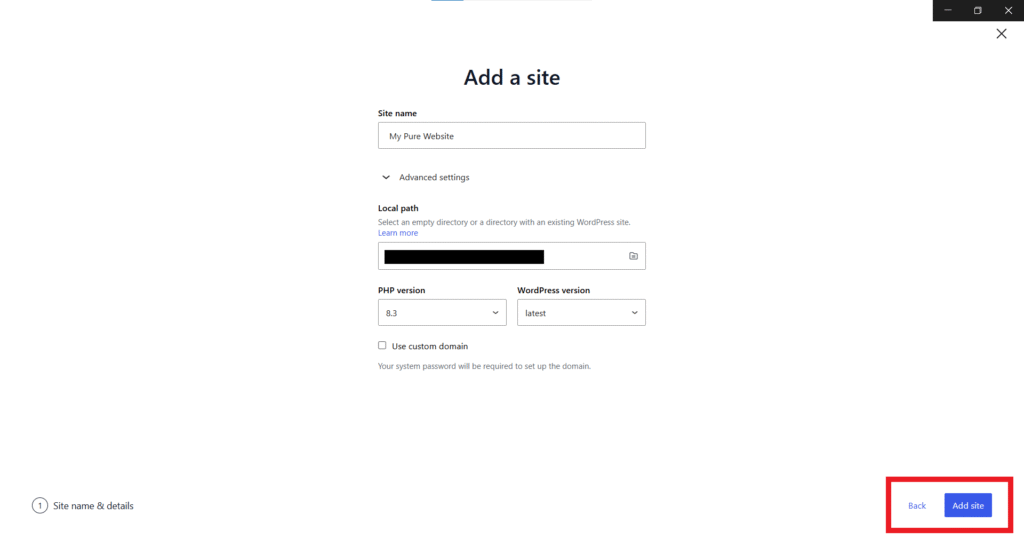 WordPress Studio Add New Site Window
