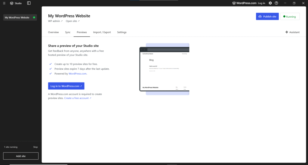 WordPress Studio Site Previews and Sharing Feature