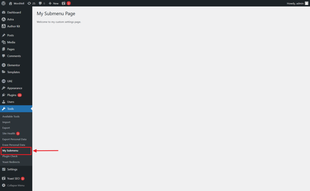 WordPress Custom-developed Sub-menu Example