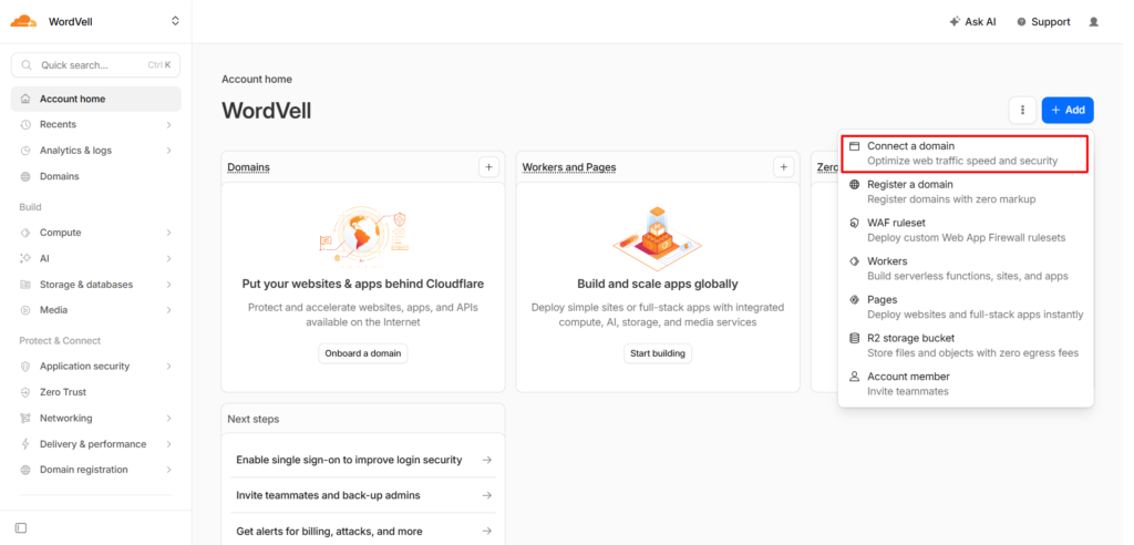 Cloudflare Dashboard Connect New Domain Option