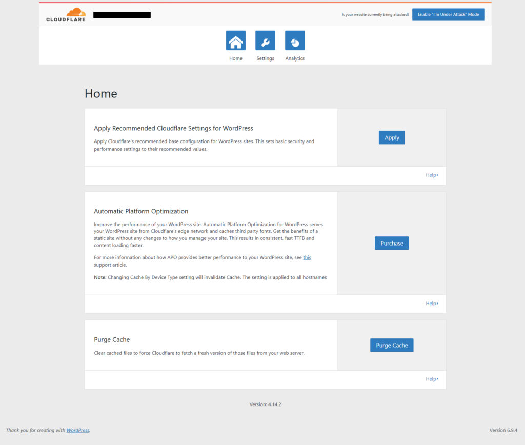 Cloudflare WordPress Plugin Dashboard After Successful Connection
