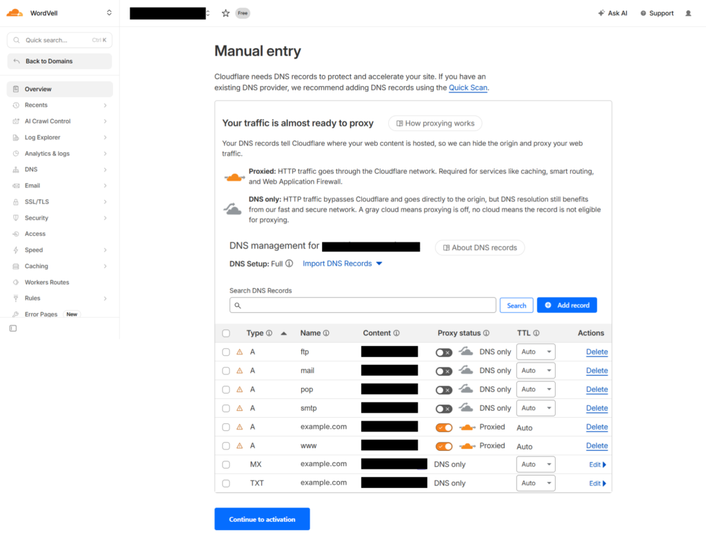 DNS records Settings for New Domain to Connect with Cloudflare