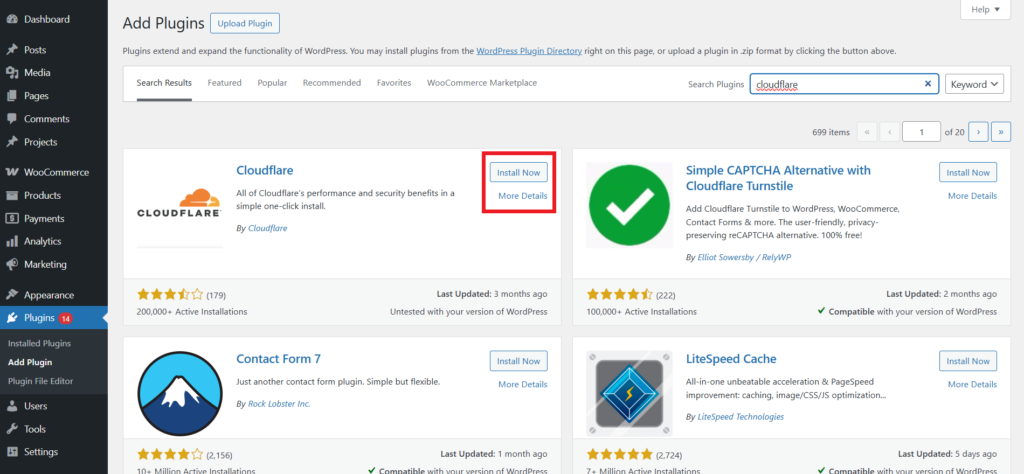 Download the Cloudflare Plugin in WordPress