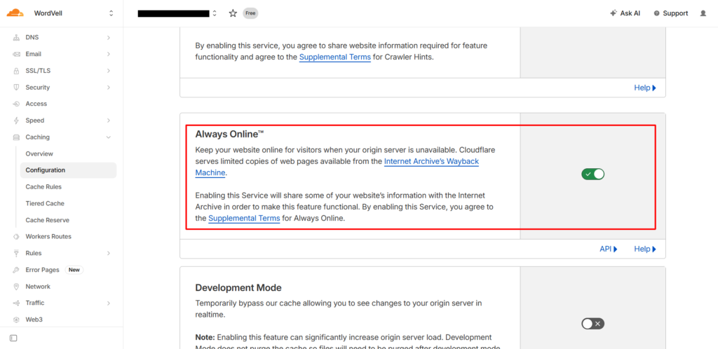 Enable Always Online in Cloudflare