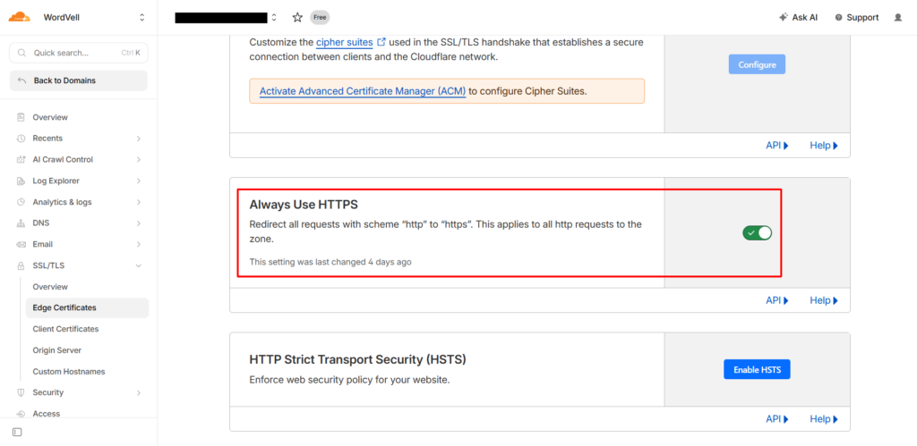 Enable Always Use HTTPS in Cloudflare