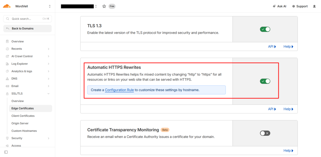 Enable Automatic HTTPS Rewrites in Cloudflare
