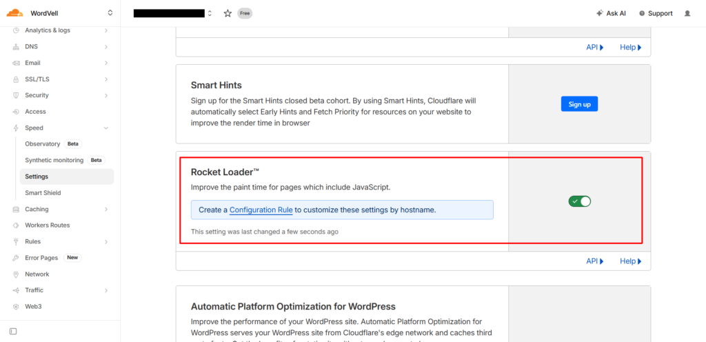 Enable Rocket Loader in Cloudflare