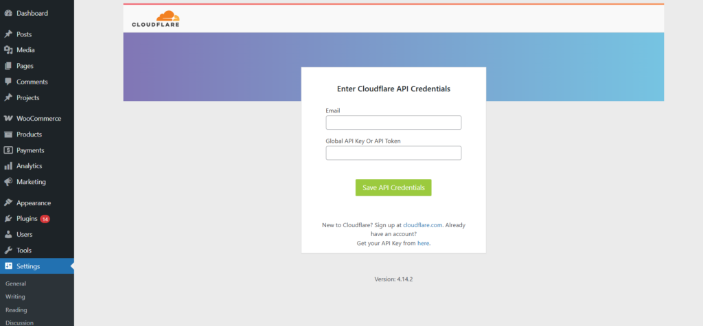 Enter Cloudflare API Credentials in Cloudflare WordPress Plugin