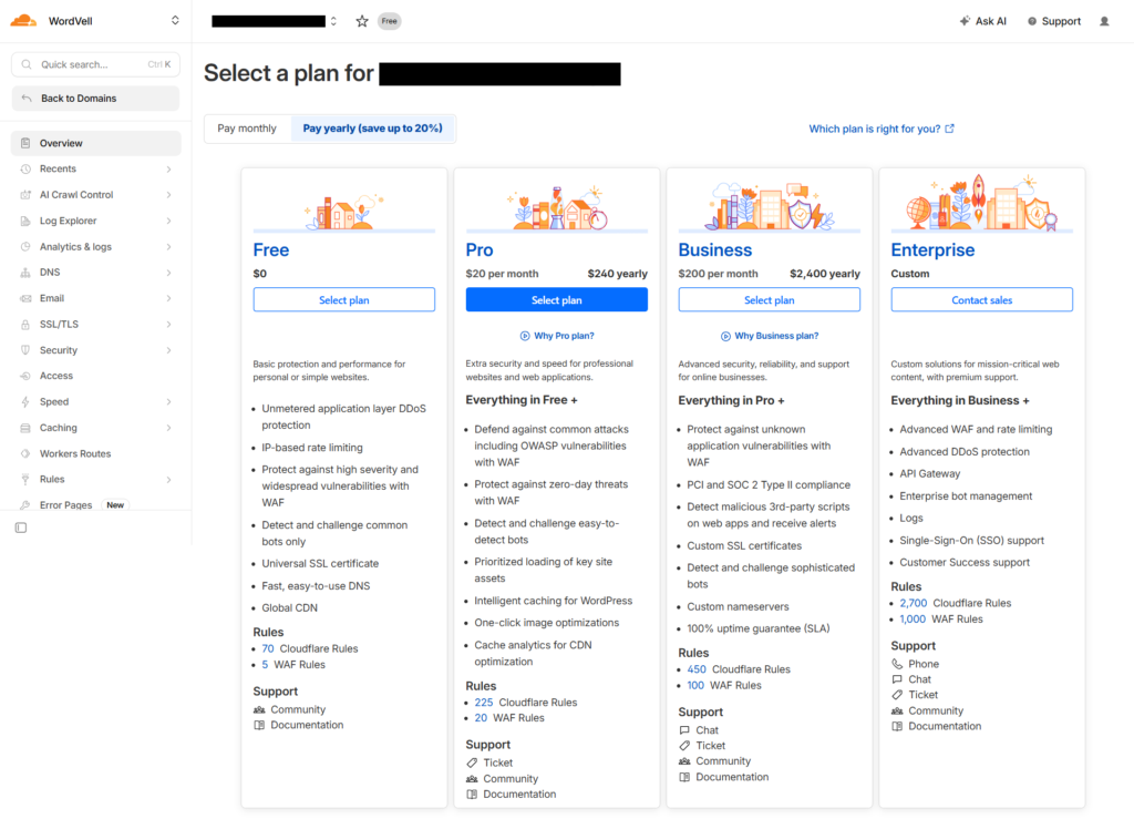 Select a Plan for New Domain Connection in Cloudflare