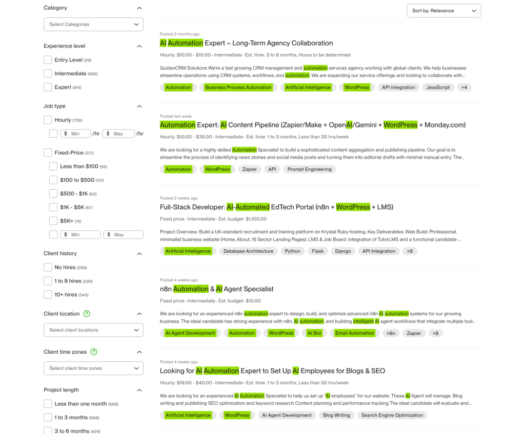 Upwork showing AI Automation Jobs related to WordPress