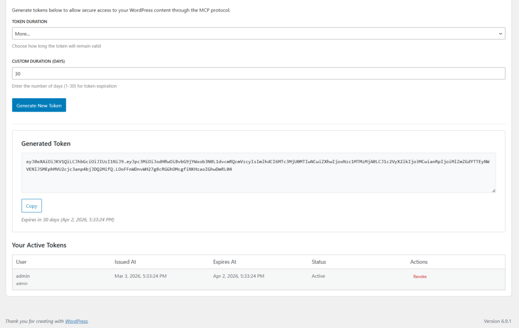 WordPress MCP Server Authentication Token Generation
