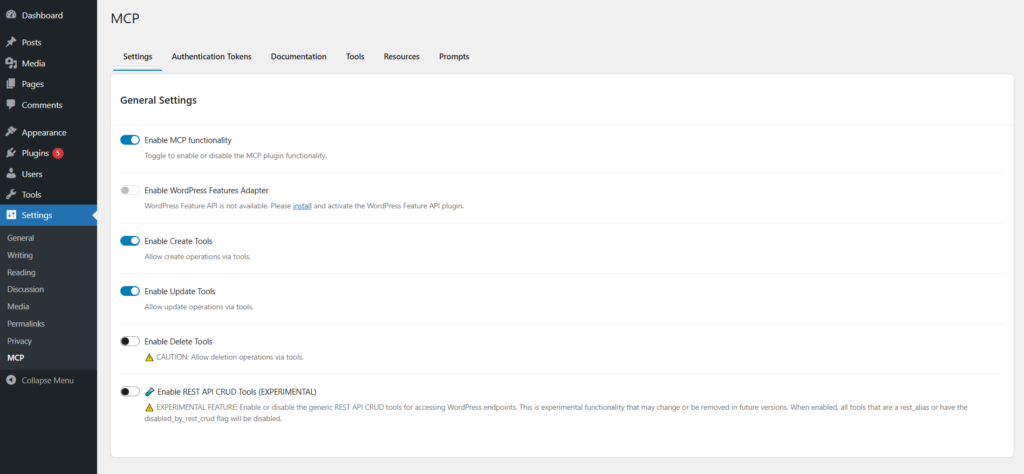 WordPress MCP Server Settings in WordPress Admin Dashboard