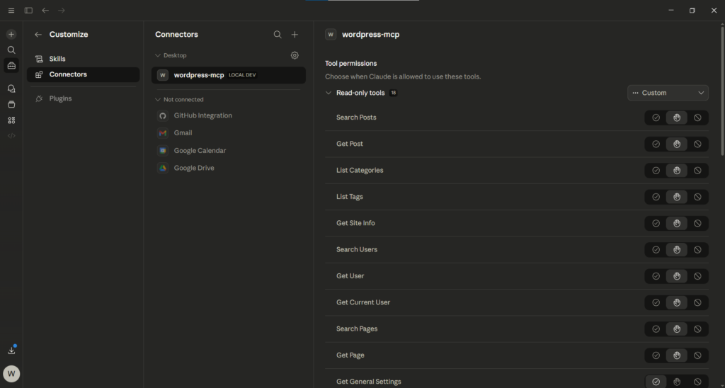 Claude showing WordPress MCP server as a connecter