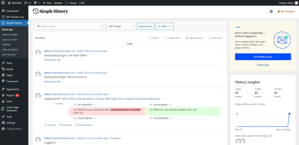 Simple History WordPress Plugin to track and audit logs
