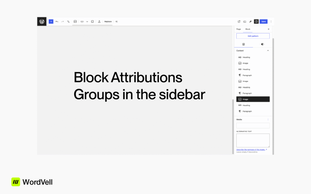 WordPress 7.0 Feature-Block Attributions Groups in the sidebar