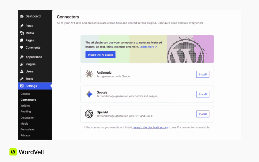 WordPress 7.0 ships with a WP AI client API and a built-in Connectors screen