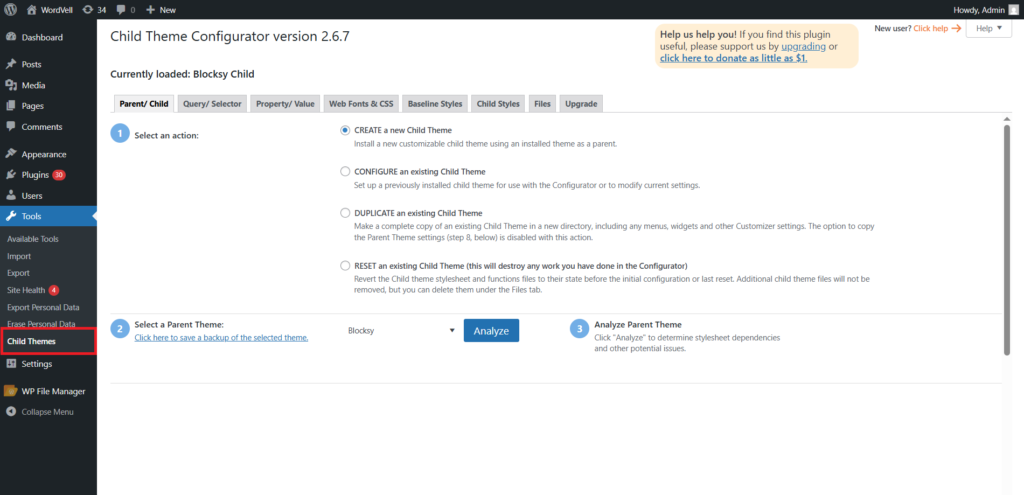 Child Theme Configurator Plugin Dashboard
