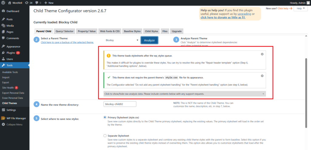 Child Theme Configurator's Analysis of Parent Theme