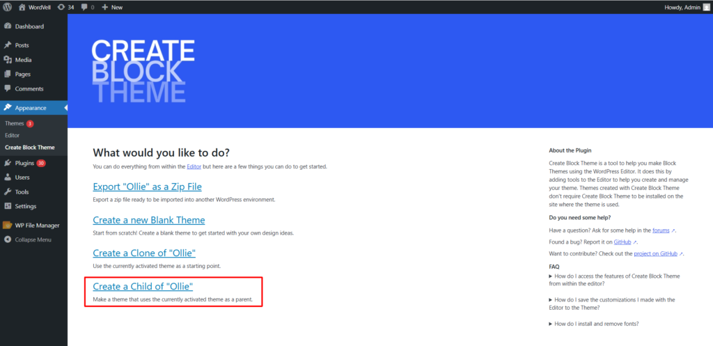 Create Child theme using Create Block Theme WordPress Plugin