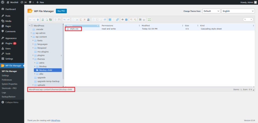Created style.css in the Child Theme Folder